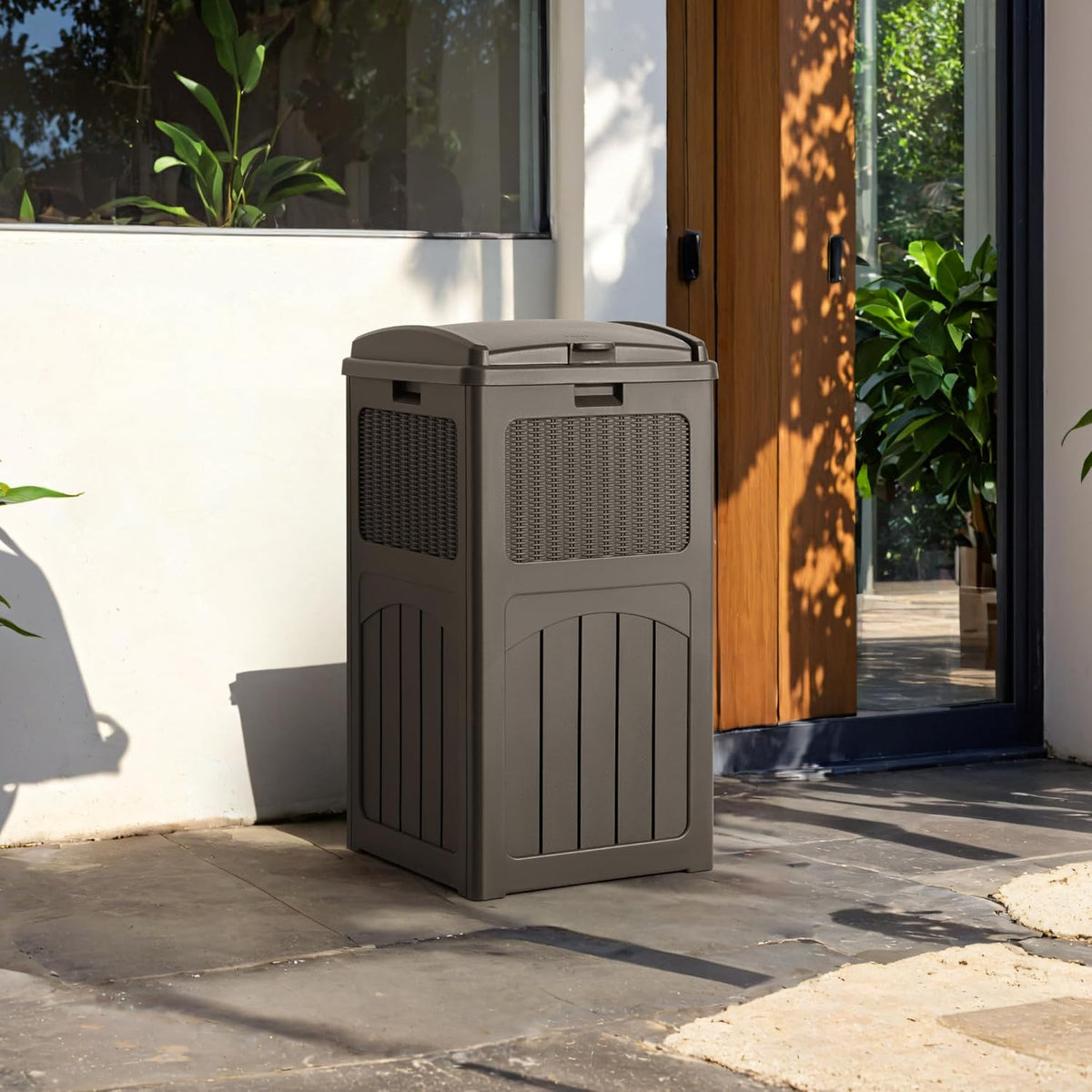 Devoko 33 Gallon Outdoor Trash Can, Hideaway Garbage Bins with Tiered Lid, Waterproof Resin Outside