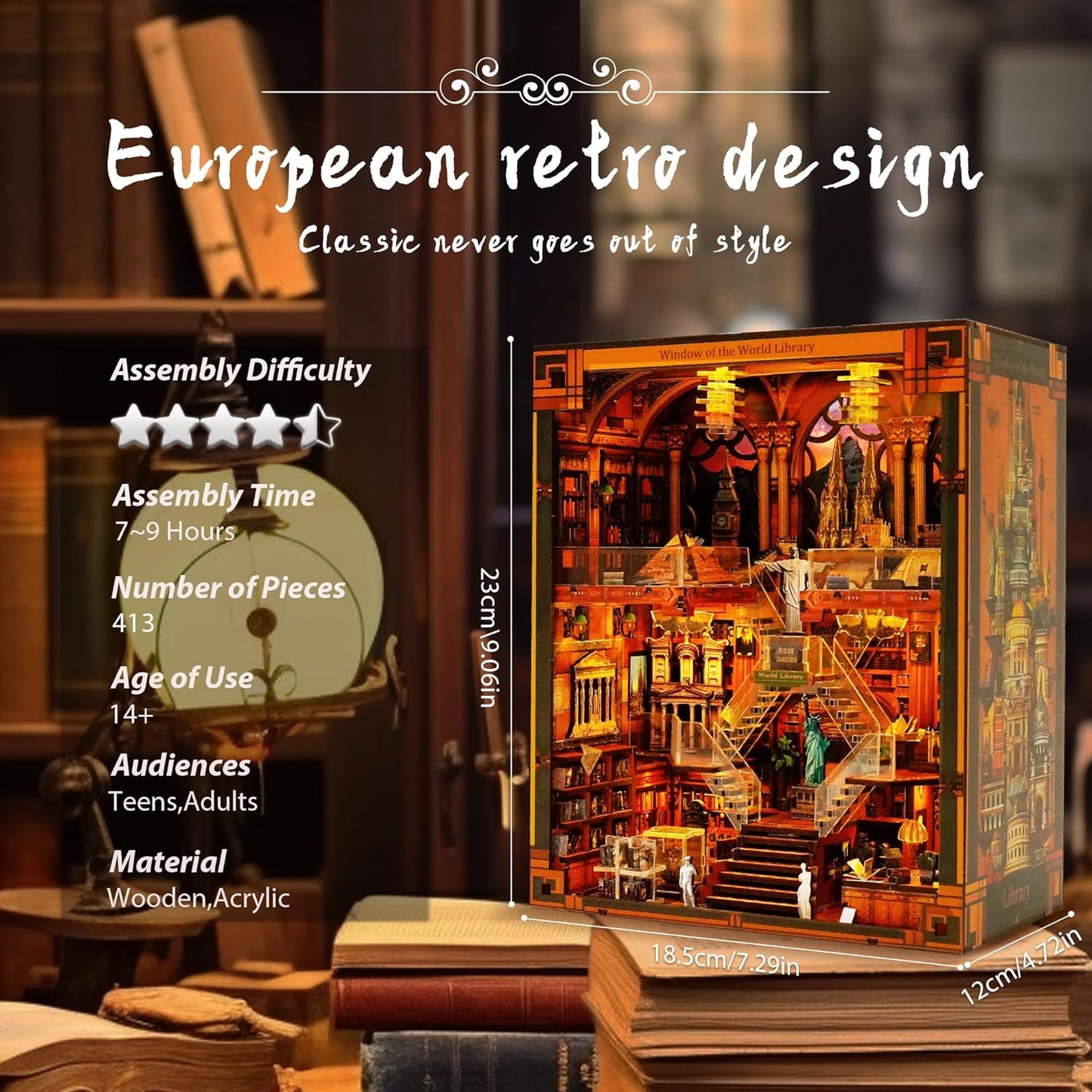 Book Nook Kits for Adults – The World Library Booknook – 3D Wooden Puzzle with LED Lights