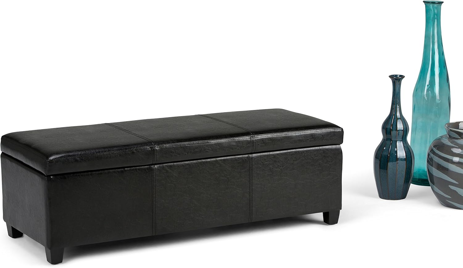 SIMPLIHOME Avalon 48 inch Wide Contemporary Rectangle Storage Ottoman Bench in Midnight Black Vegan