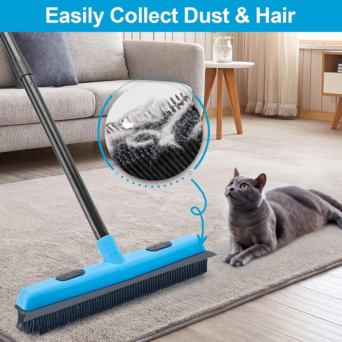 KeFanta Rubber Broom Carpet Rake for Pet Hair Removal, 51" Long Handle Fur Remover Broom with