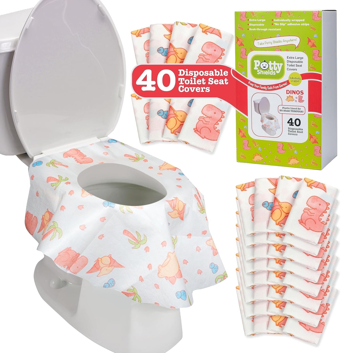 Toilet Seat Covers Disposable (40 pk, Dinosaurs) - XL Waterproof Toilet Cover for Toddlers, Kids &