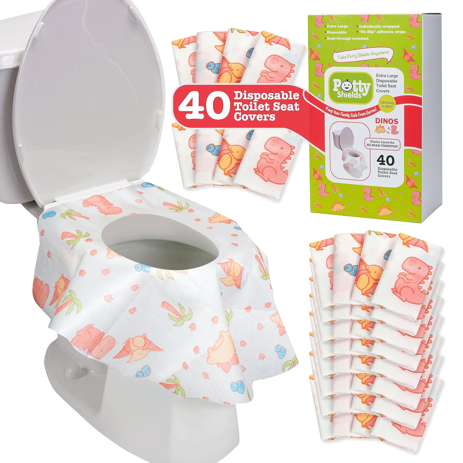 Toilet Seat Covers Disposable (40 pk, Dinosaurs) - XL Waterproof Toilet Cover for Toddlers, Kids &