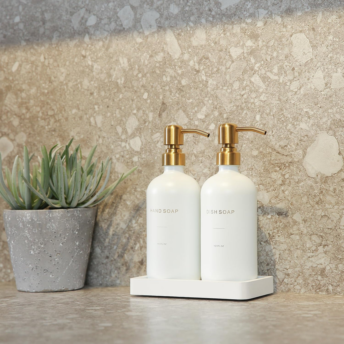 Gold Soap Dispenser Set, Glass Soap Dispenser with Stainless Steel Pump, Perfect for Modern Kitchen