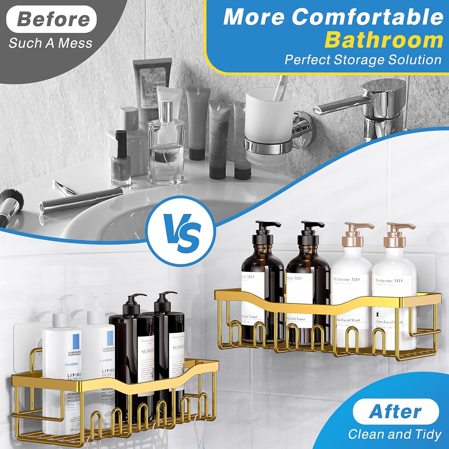 EUDELE 5-Pack Rustproof Stainless Steel Shower Caddy – No Drill Adhesive Bathroom Organizer with