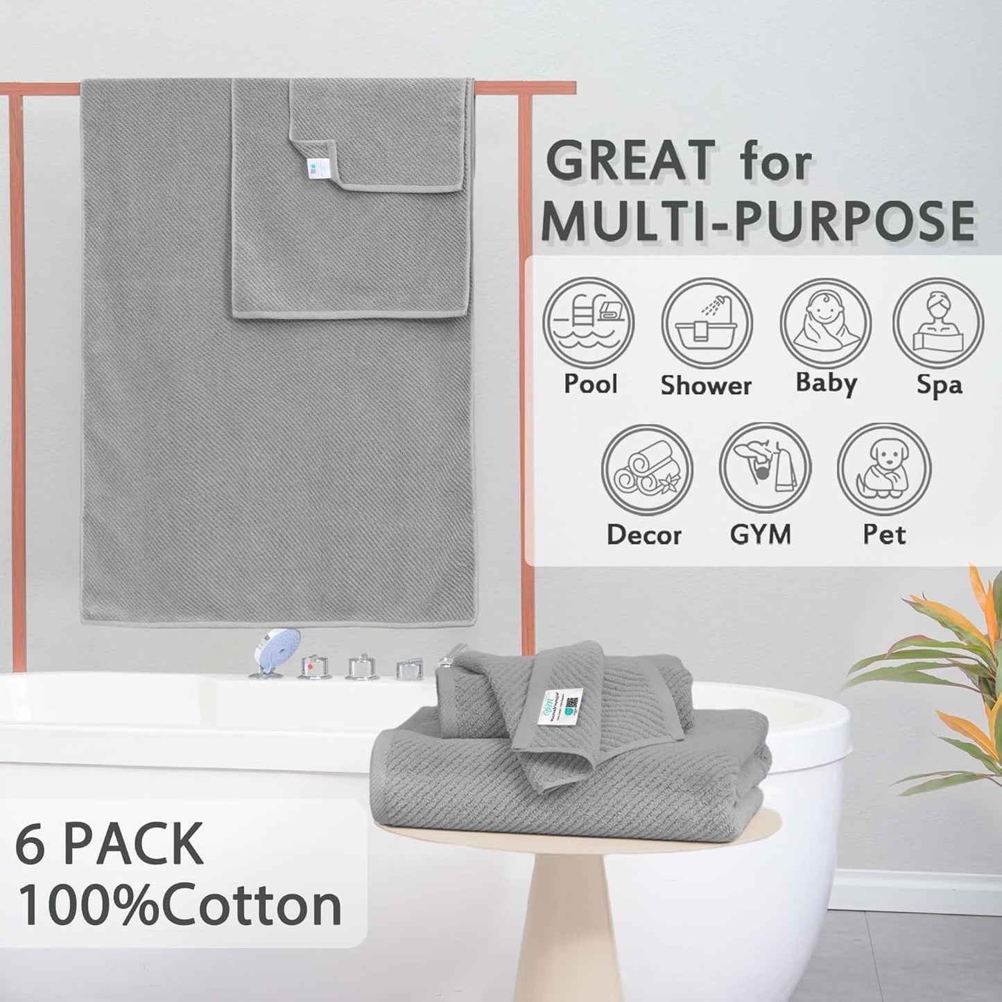 VOOVA & MOVAS Grey Bathroom Towel Sets - 100% Cotton | Lightweight | Quick Dry | Thick | Soft, 6