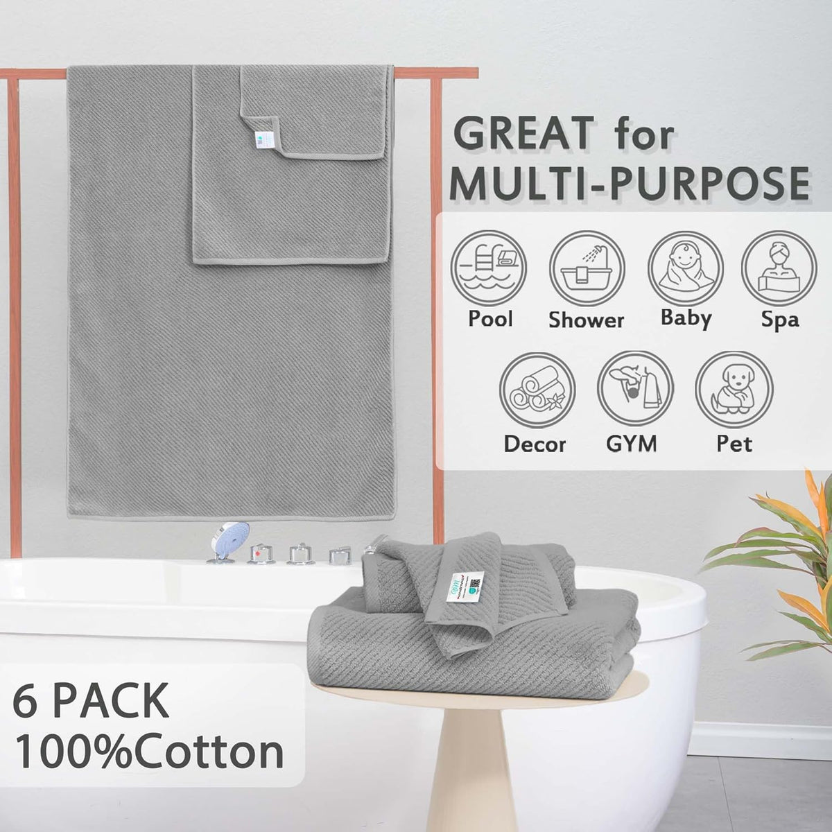 VOOVA & MOVAS Grey Bathroom Towel Sets - 100% Cotton | Lightweight | Quick Dry | Thick | Soft, 6