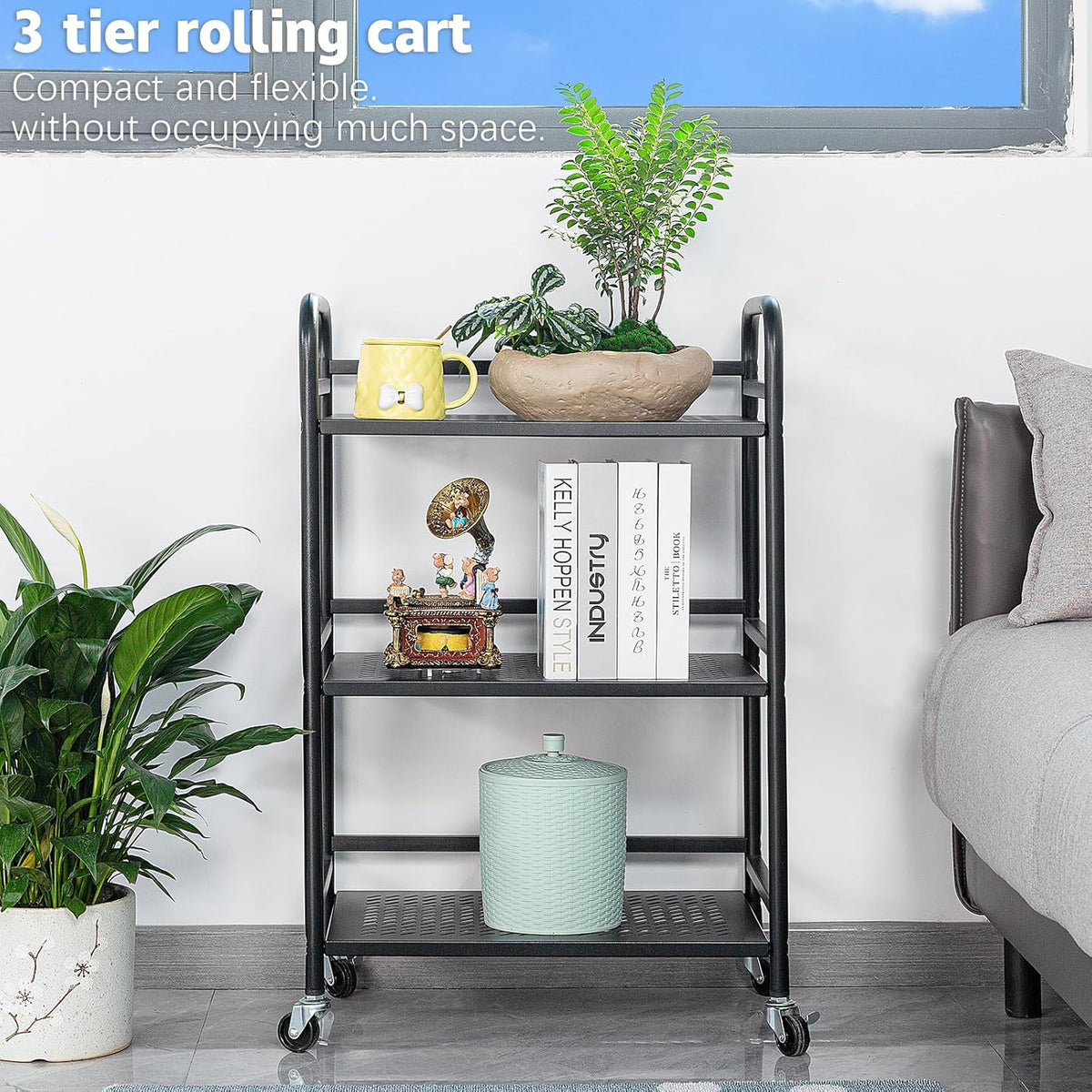 HDANI 3 Tier Rolling Cart,Heavy Duty Multifunctional Metal Frame-Supports 22 Lbs Per Tier,Rolling