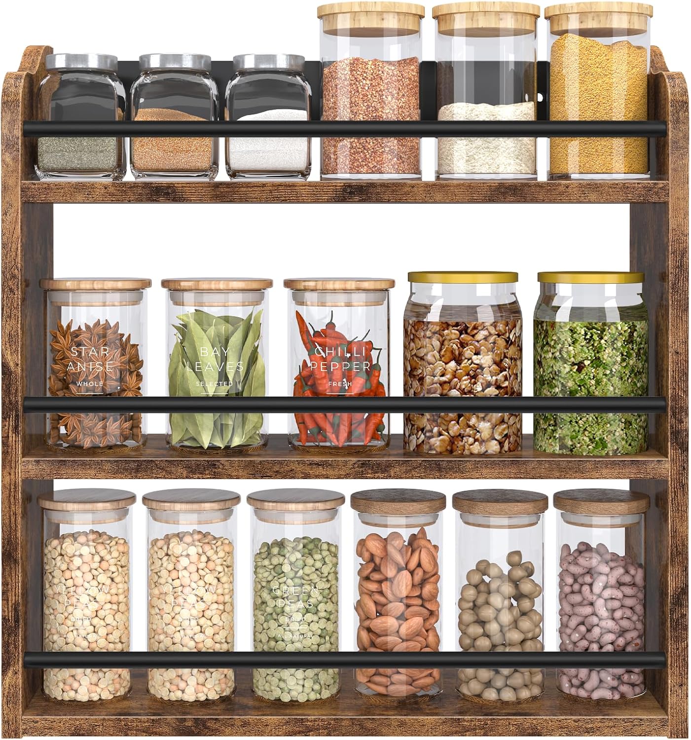 Spice Rack Wall Mounted, Wood 3 Tier Spice Rack for Countertop, Vertical Spice Organizer for Spice
