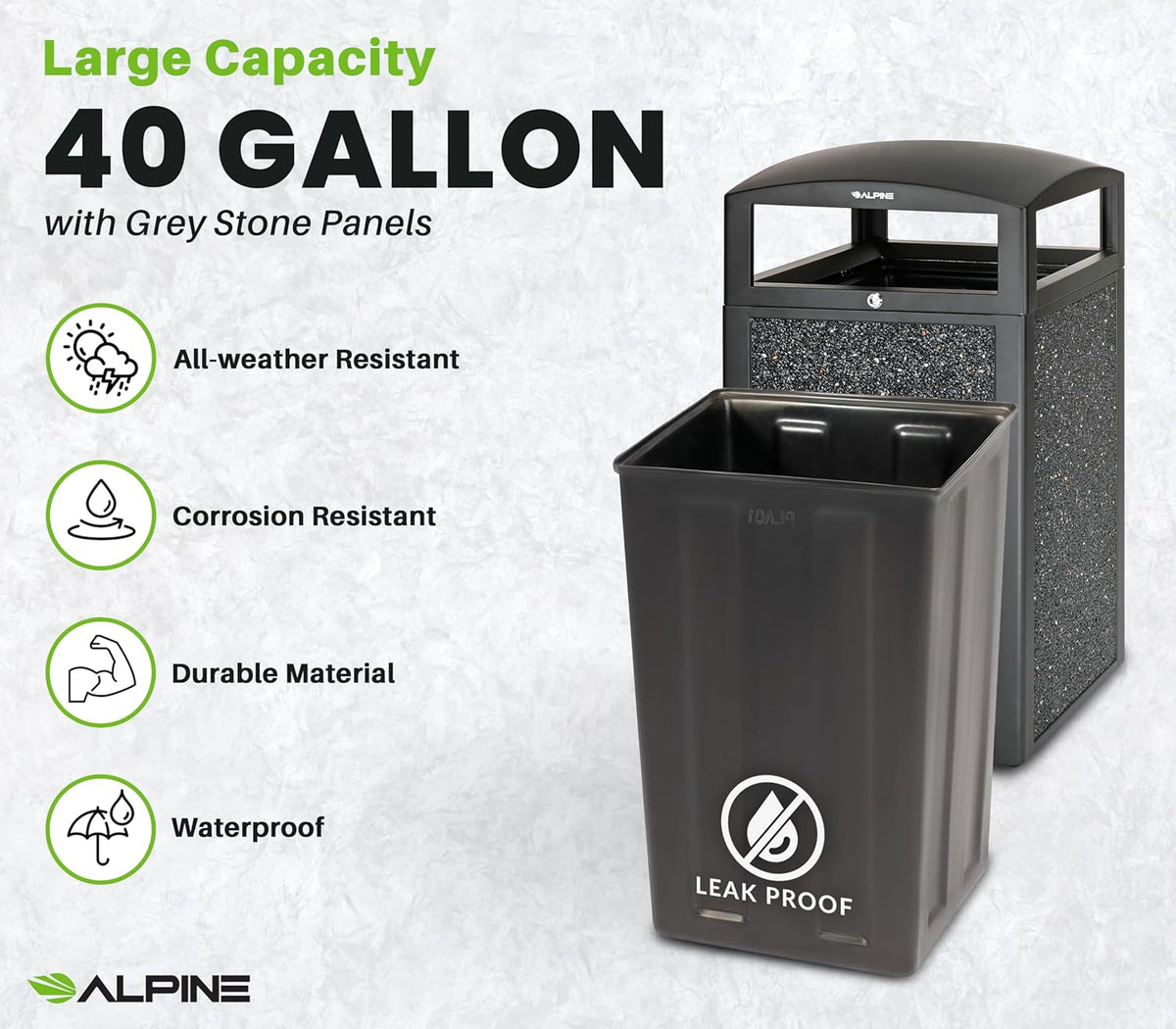 Alpine Outdoor Commercial Trash Can with Lid - 40 Gallon Heavy Duty Metal Garbage Can with