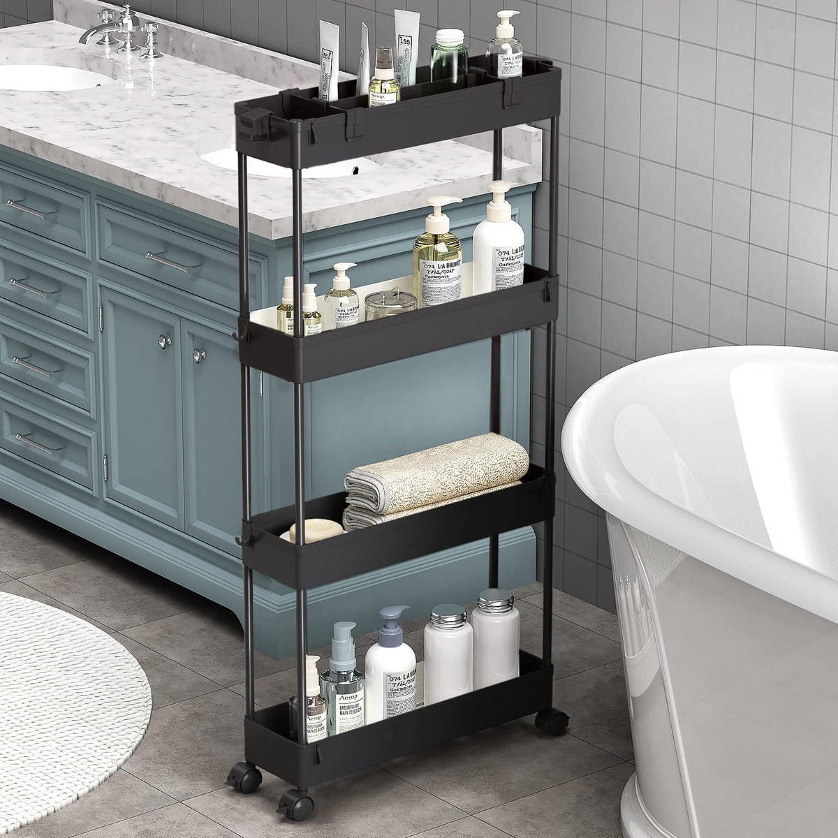 SPACELEAD Slim Storage Cart 4 Tier,Bathroom Organizer Rolling Utility,Mobile Shelving Unit Slide