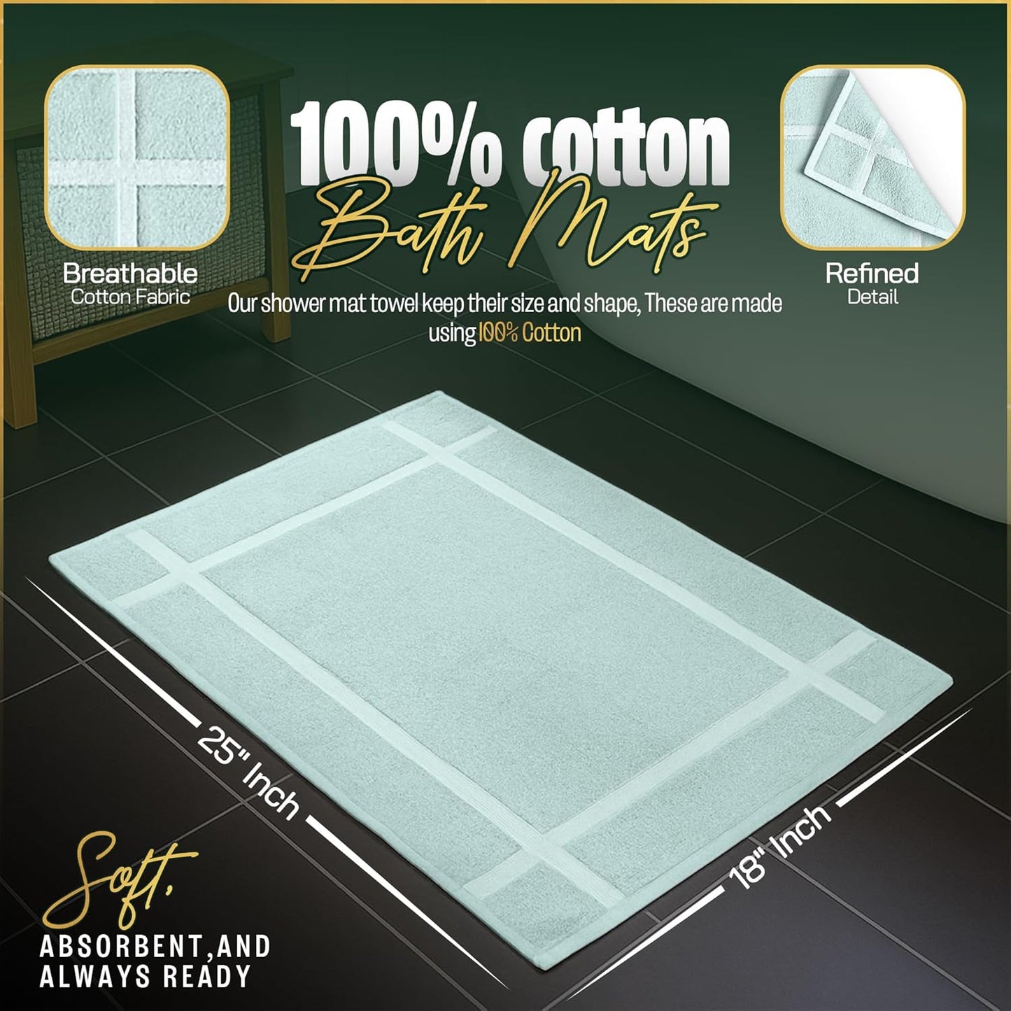 Pearl Linens Pack of 2 100% Cotton Bath Mat 18x25 inches, Soft & Absorbent Quick Dry Bathroom Mat