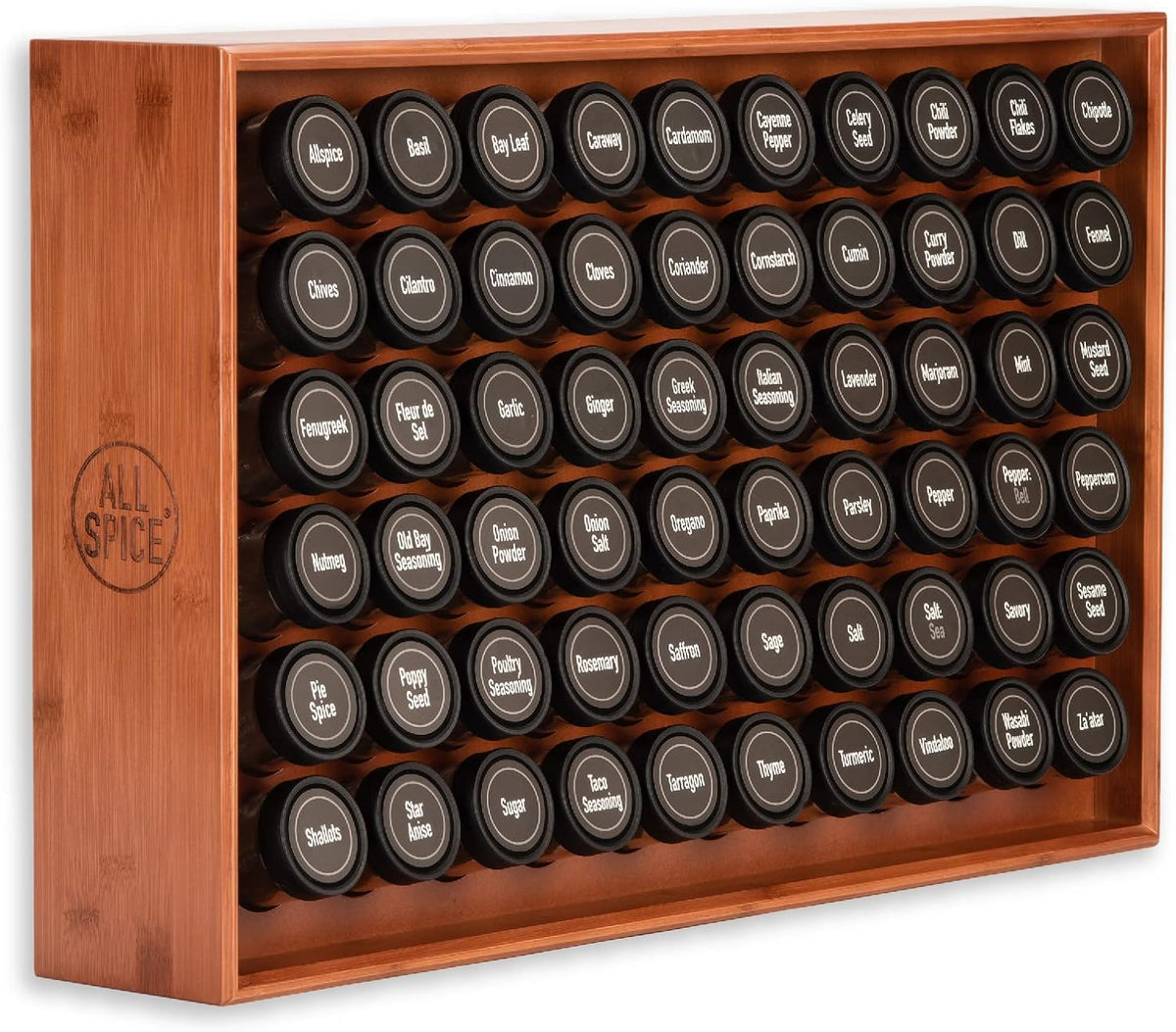 AllSpice Spice Rack Organizer, Wood, 525 Unique Labels, Countertop or Wall Mount, Includes 60 4oz