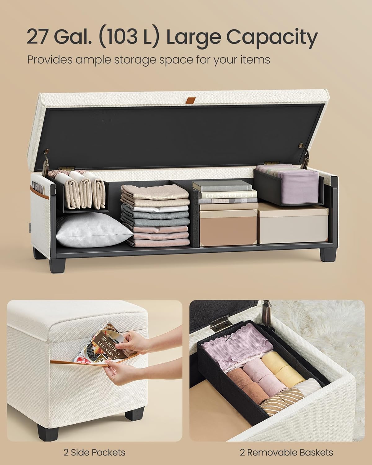 SONGMICS Storage Ottoman Bench, Storage Chest, 15.7 x 43.3 x 15.7 Inches, End of Bed Bench, 27 Gal.
