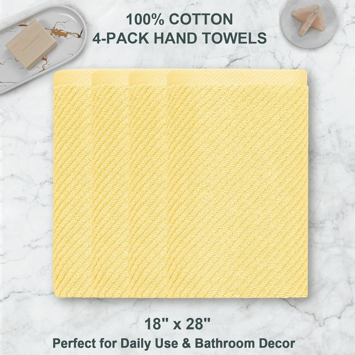 VOOVA & MOVAS Yellow Hand Towels for Bathroom, 4 Pack Large 18" x 28" - 100% Cotton | Lightweight |