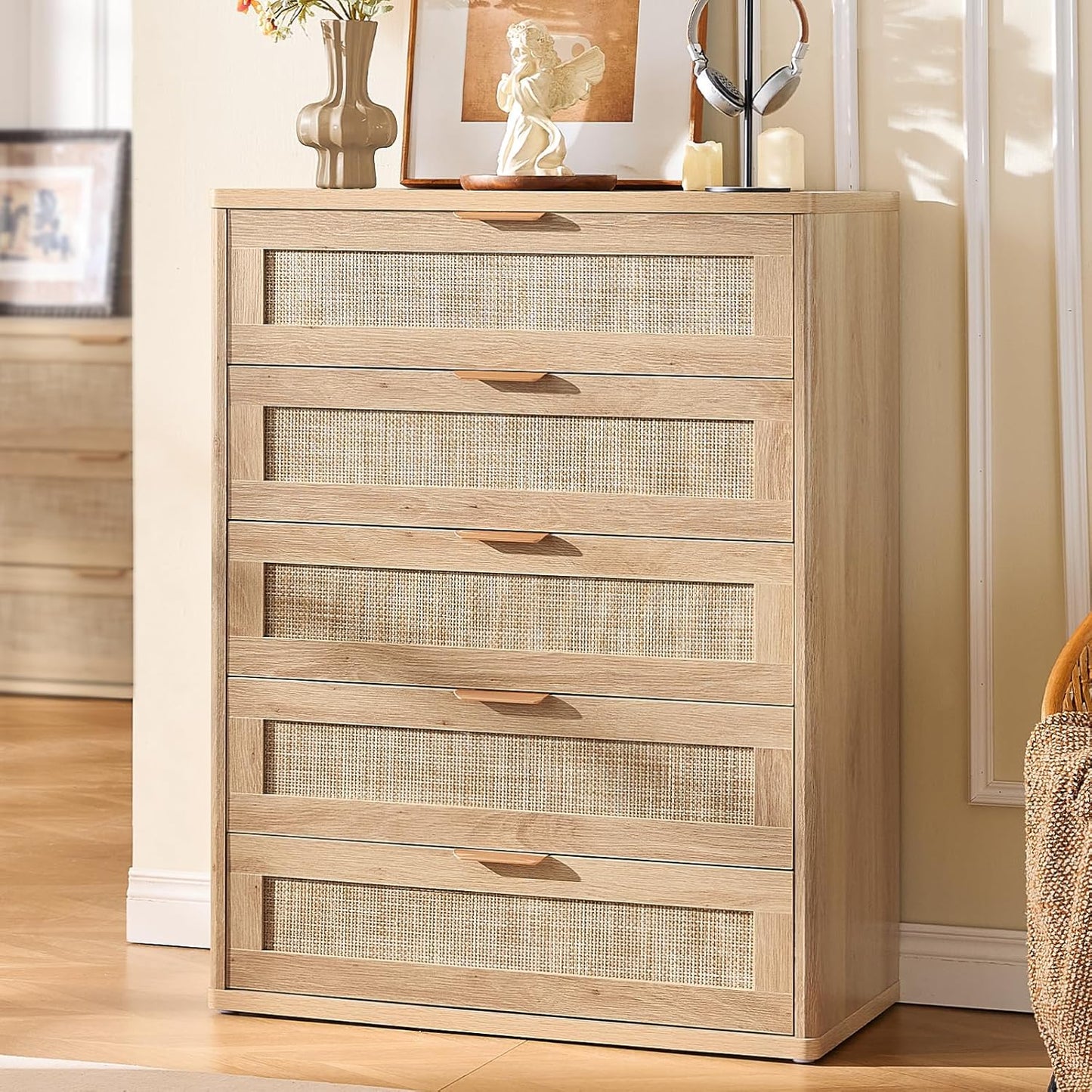 LEYAOYAO Rattan Dresser for Bedroom, 41" Tall Chest of Drawers, Modern 5 Drawers Boho Dressers with