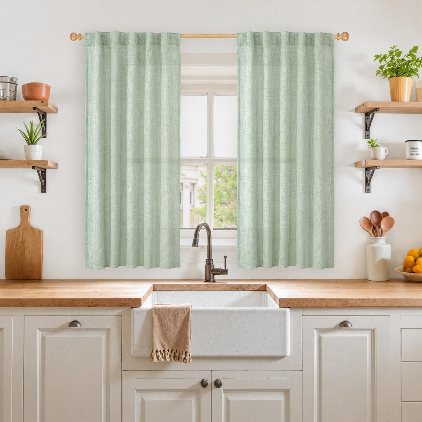 YoungsTex Sage Green Linen Semi Sheer Curtains 45 Inch Length for Kitchen Window, Light Filtering