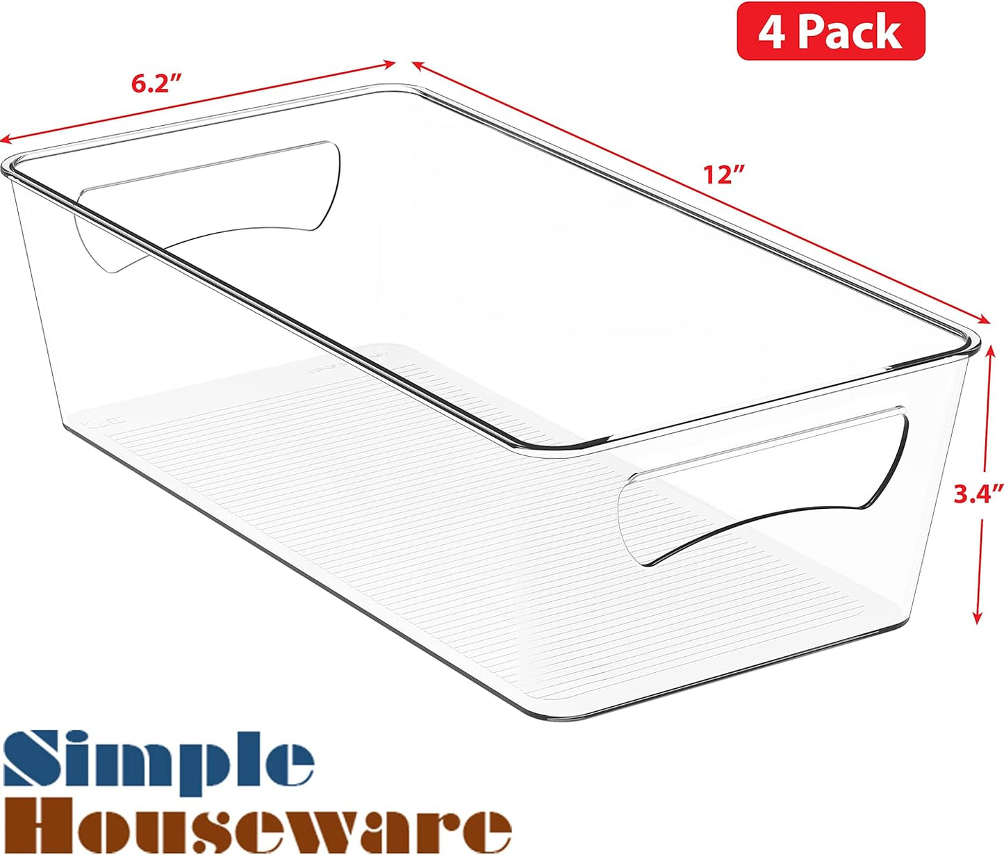 Simple Houseware Clear Storage Bins Organizer for Freezer / Fridge / Pantry, 12'' x 6.2'' x 3.4''