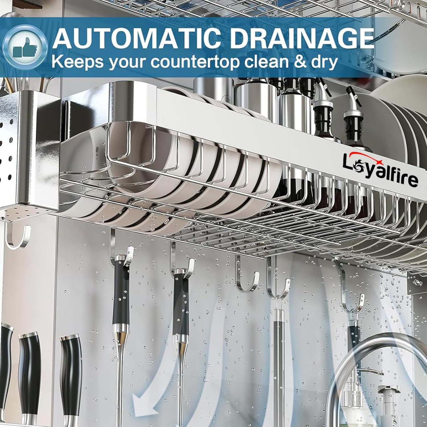 Over Sink Dish Drying Rack, 3 Tier Adjustable Length (20.87'' to 37.6'') Full Stainless Steel Large