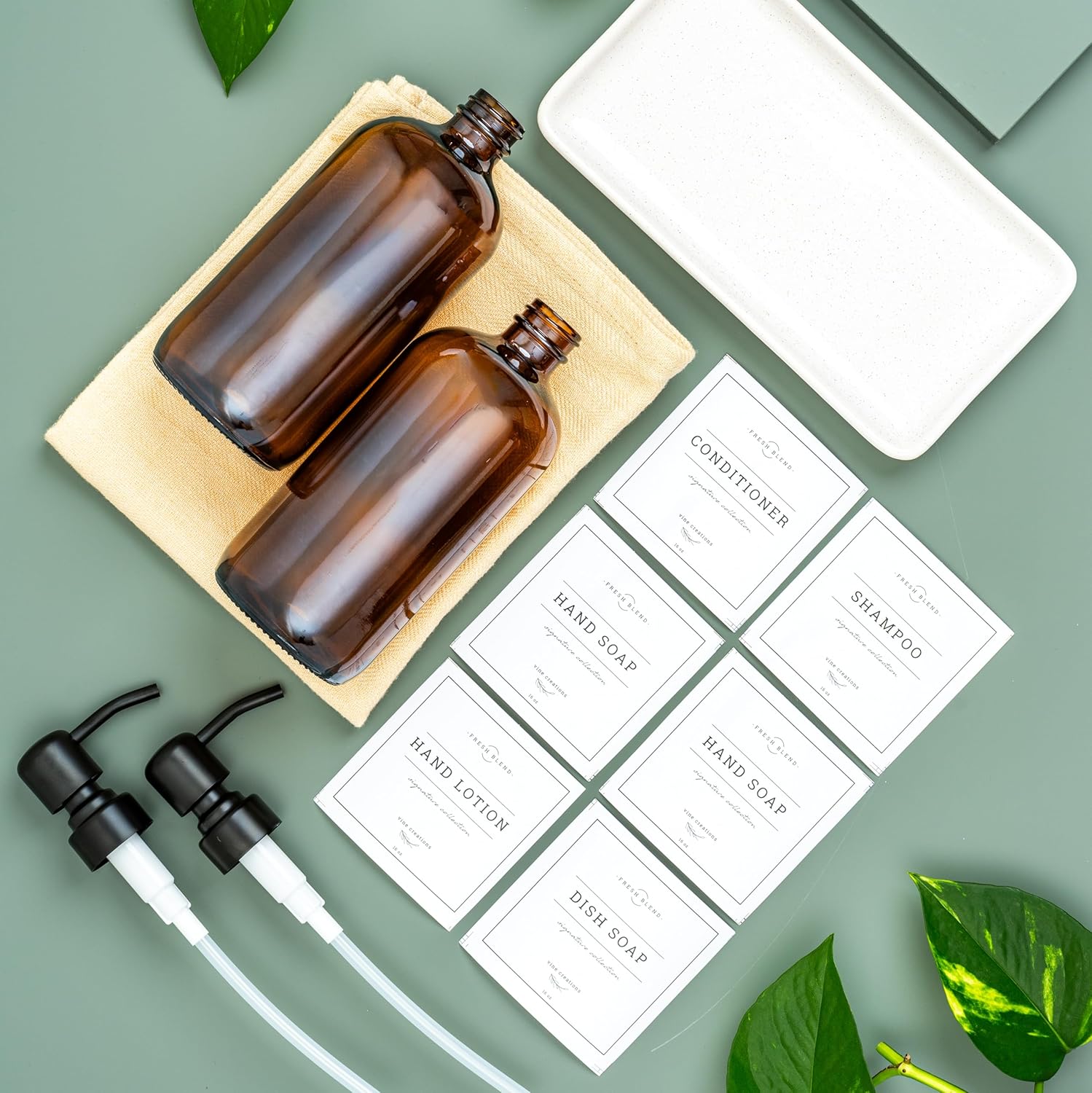 Vine Creations Amber Glass Soap Dispenser, 2 Pack Kitchen Soap Dispenser Set with Ceramic Tray