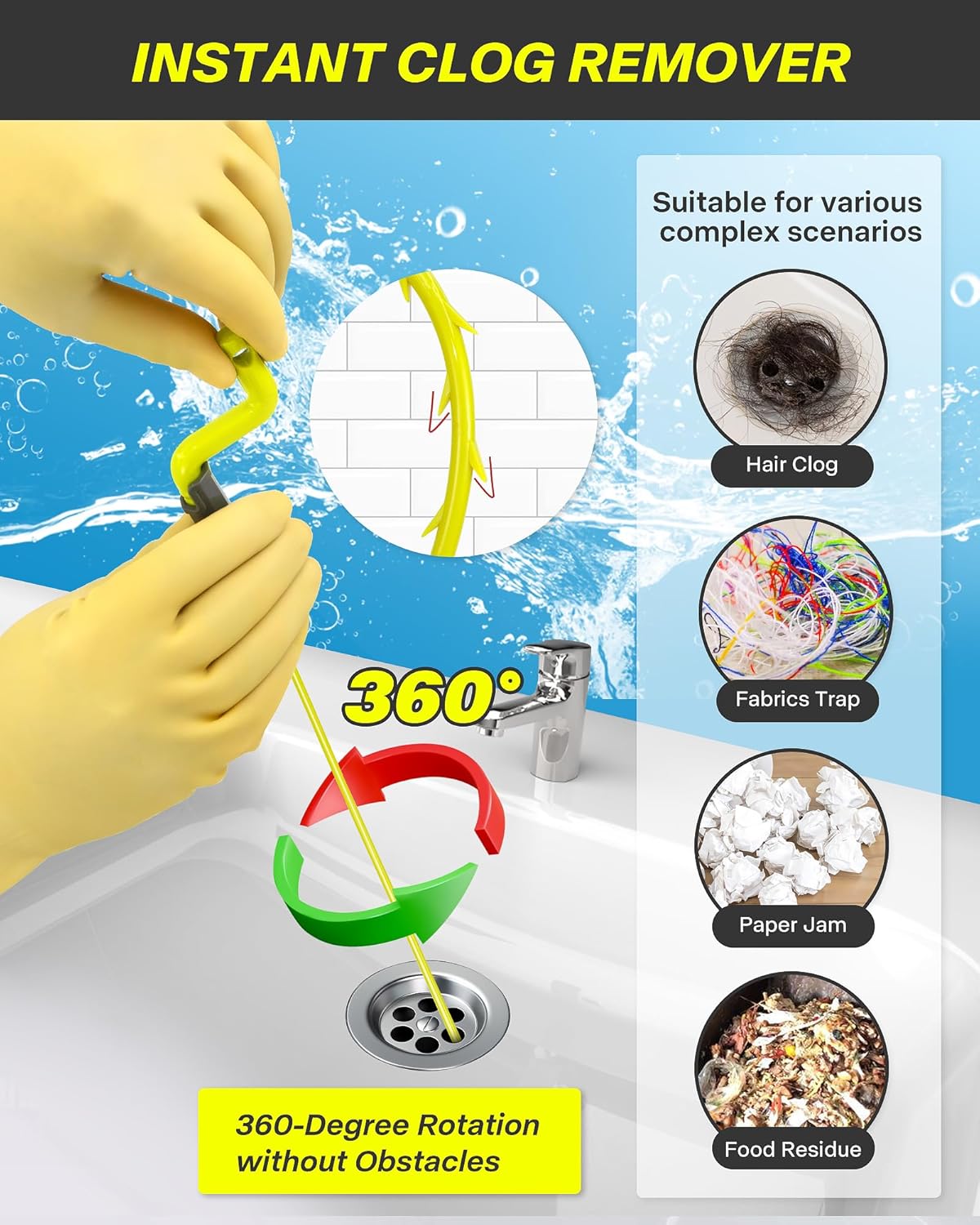 35inch Drain Clog Remover, Drain Cleaner Hair Clog Remover with Rotating Handle and 7 Refills