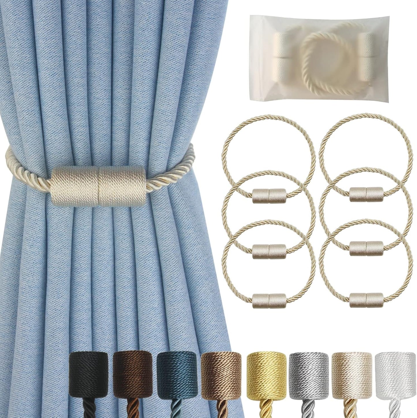 Magnetic Curtain Tiebacks 6 Pack Beige Curtain Rope Tieback Curtain Holders for Drapes Modern Tie