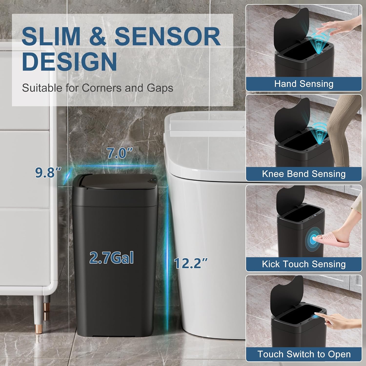 2 Pack 2.7 Gal Bathroom Trash Can with Lid, Automatic Trash Can Small Smart Garbage Can Touchless