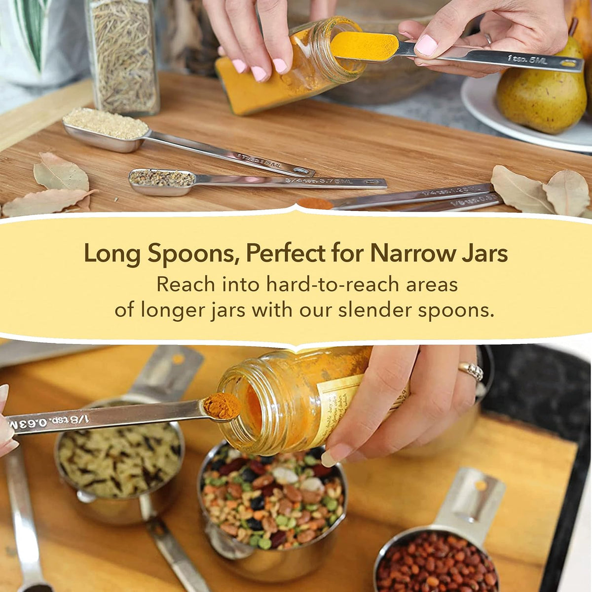 Measuring Cups and Spoons Set of 15, Stackable Cups, Long Handle with Leveler Fits Narrow Jars, 304