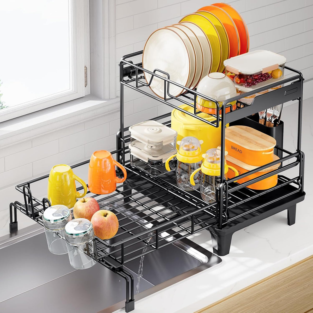 Dish Drying Rack - Extendable Dish Drainer, Large Dish Rack for Kitchen Counter, Rustproof Dish