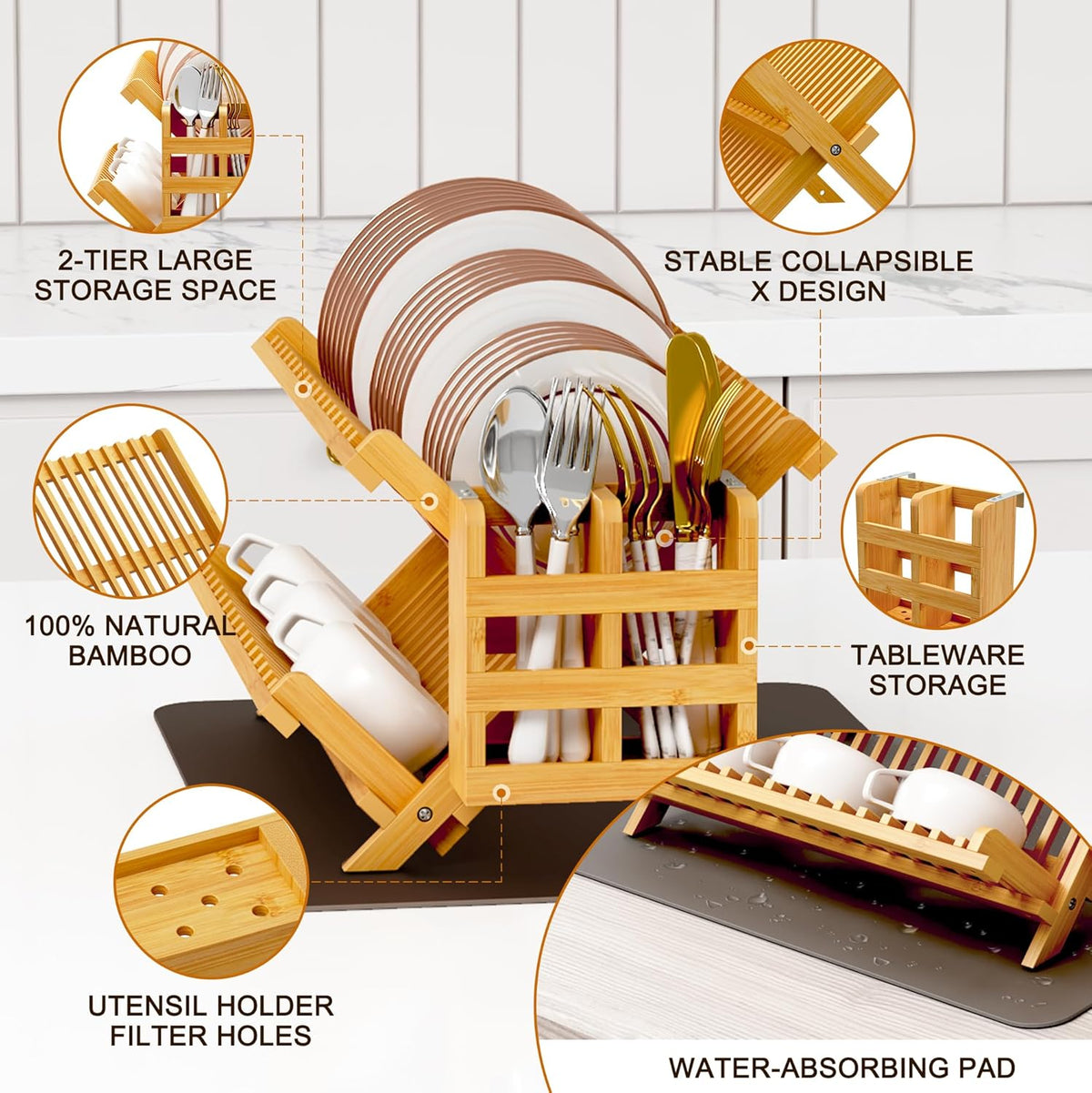 Greenual Bamboo Dish Drying Rack with Utensil Holder, 2 Tier Collapsible Dish Rack, Wooden Dish
