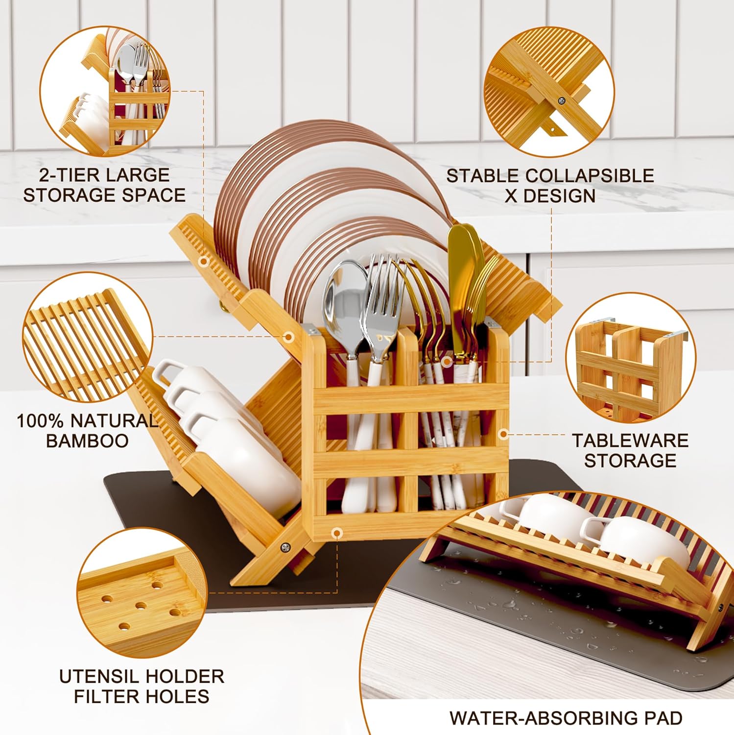 Greenual Bamboo Dish Drying Rack with Utensil Holder, 2 Tier Collapsible Dish Rack, Wooden Dish