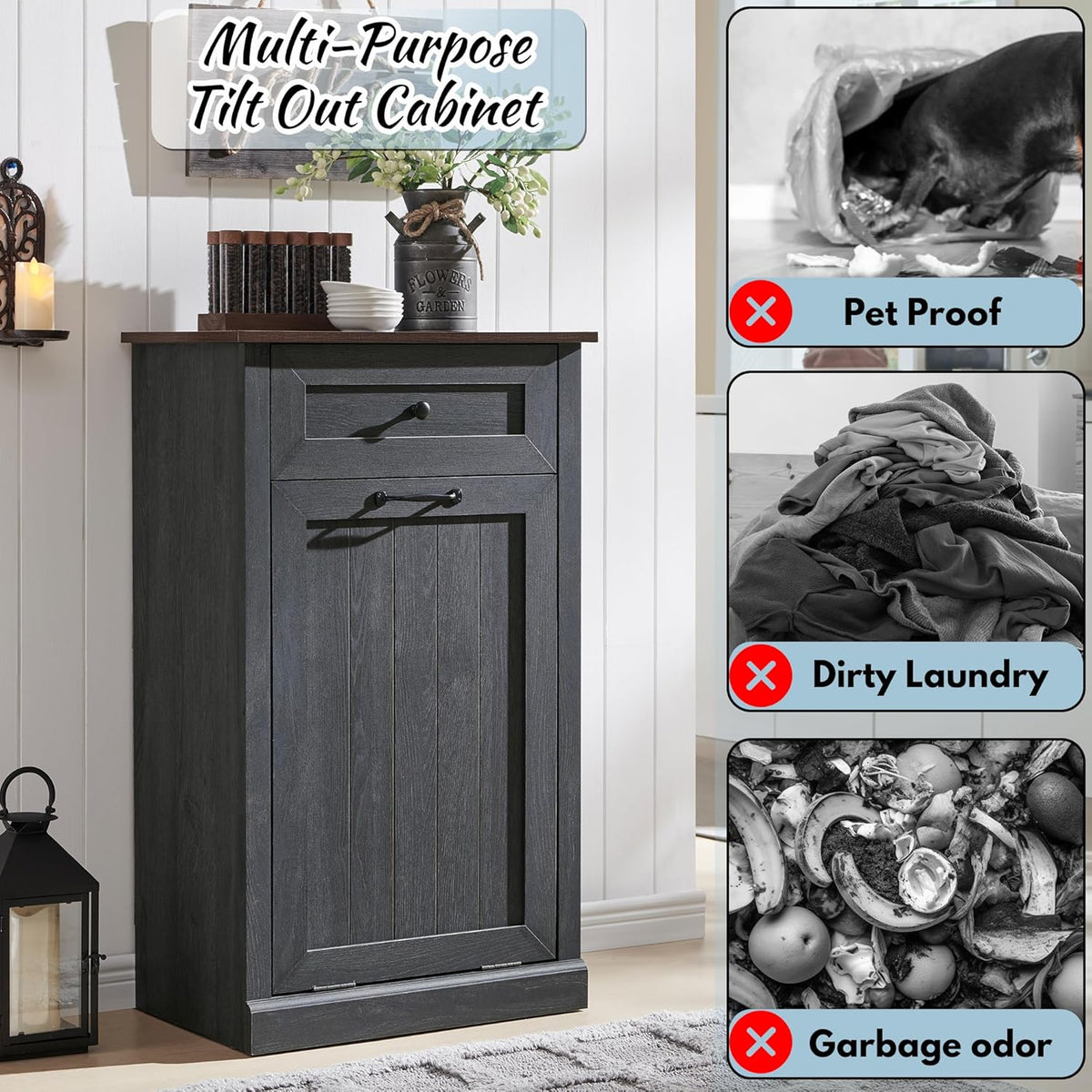 Tilt Out Laundry Hamper Cabinet, 10 Gallon Farmhouse Trash Can Cabinet with Drawer, Hidden Wood