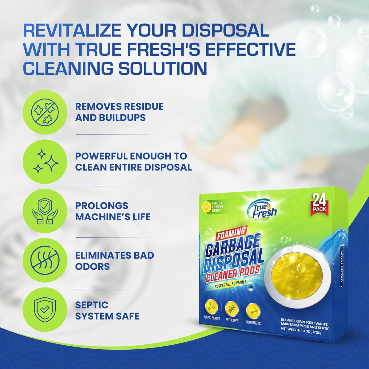 True Fresh Garbage Disposal Cleaner – 24-Pack Foaming Sink and Drain Deodorizer Tablets, Powerful