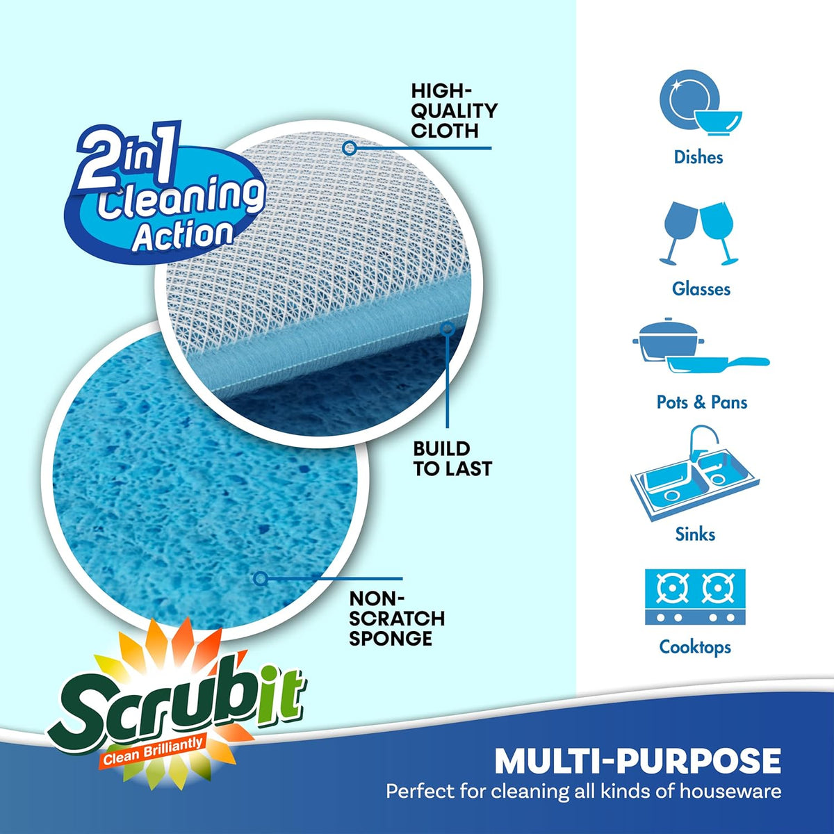 Scrub and Wipe Cleaning Sponges [10 Pack] – SCRUBIT Dual Sided Scouring Pad and Sponge - Reusable
