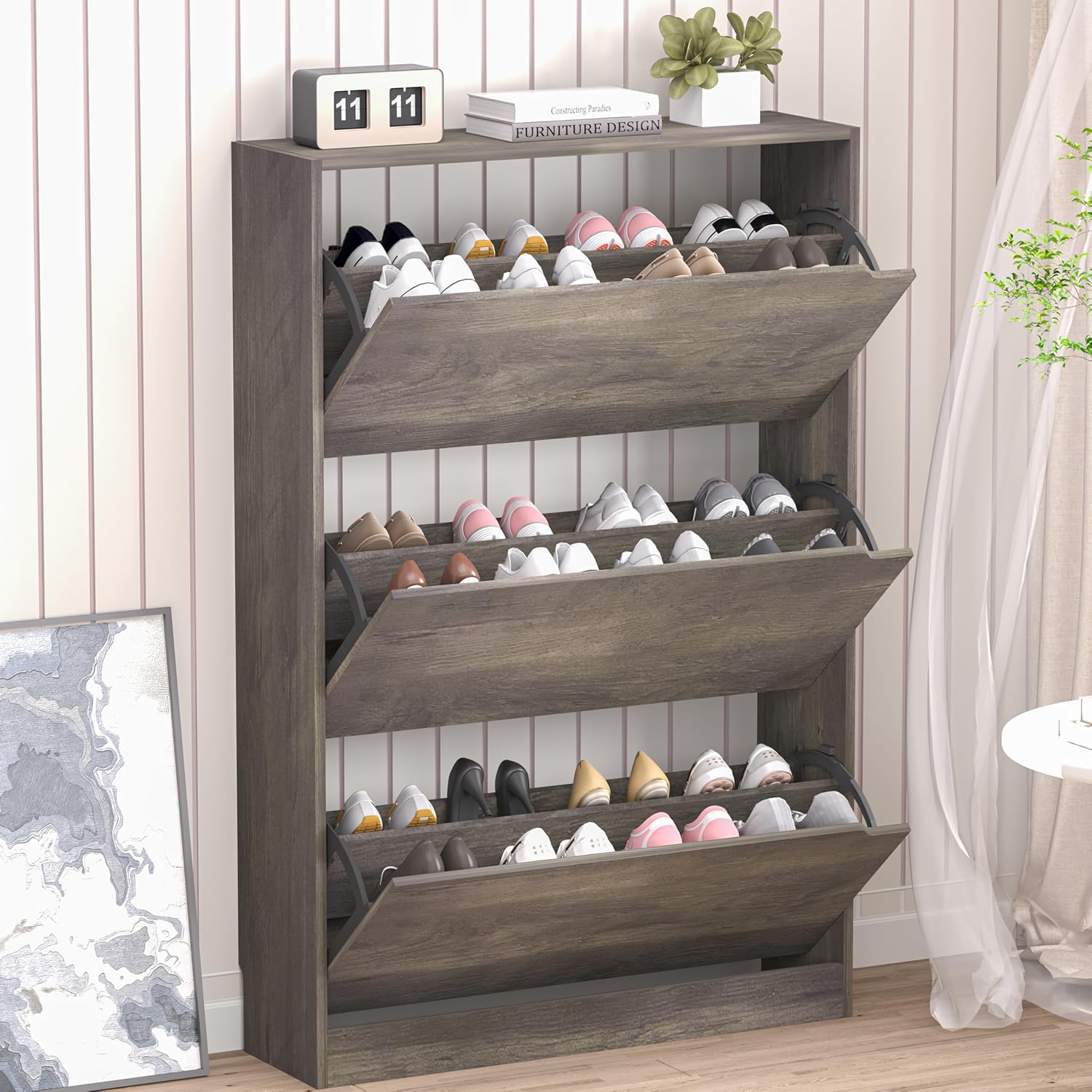 Shoe Cabinet with 3 Flip Drawers, Hidden Wood Shoe Cabinet,Freestanding Shoe Storage Cabinet for