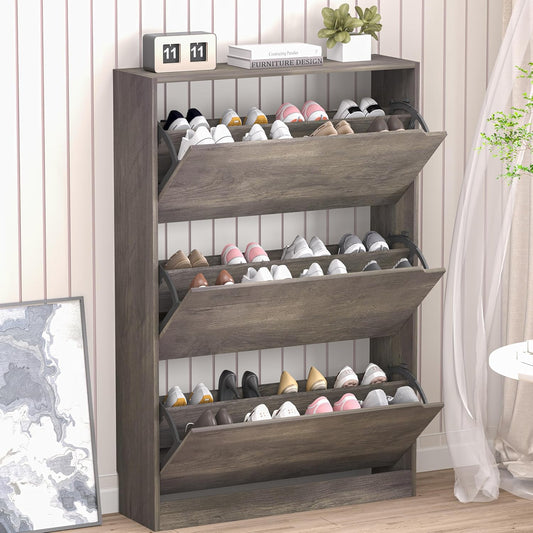 Shoe Cabinet with 3 Flip Drawers, Hidden Wood Shoe Cabinet,Freestanding Shoe Storage Cabinet for