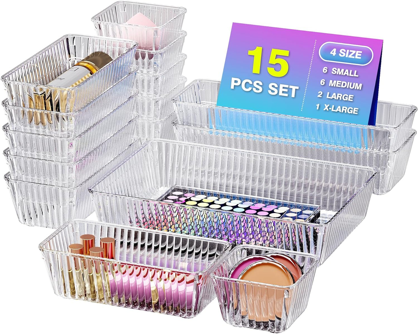 15 PCS Clear Plastic Drawer Organizer Set - 4 Sizes Makeup Organizer Desk Drawer Divider Bathroom