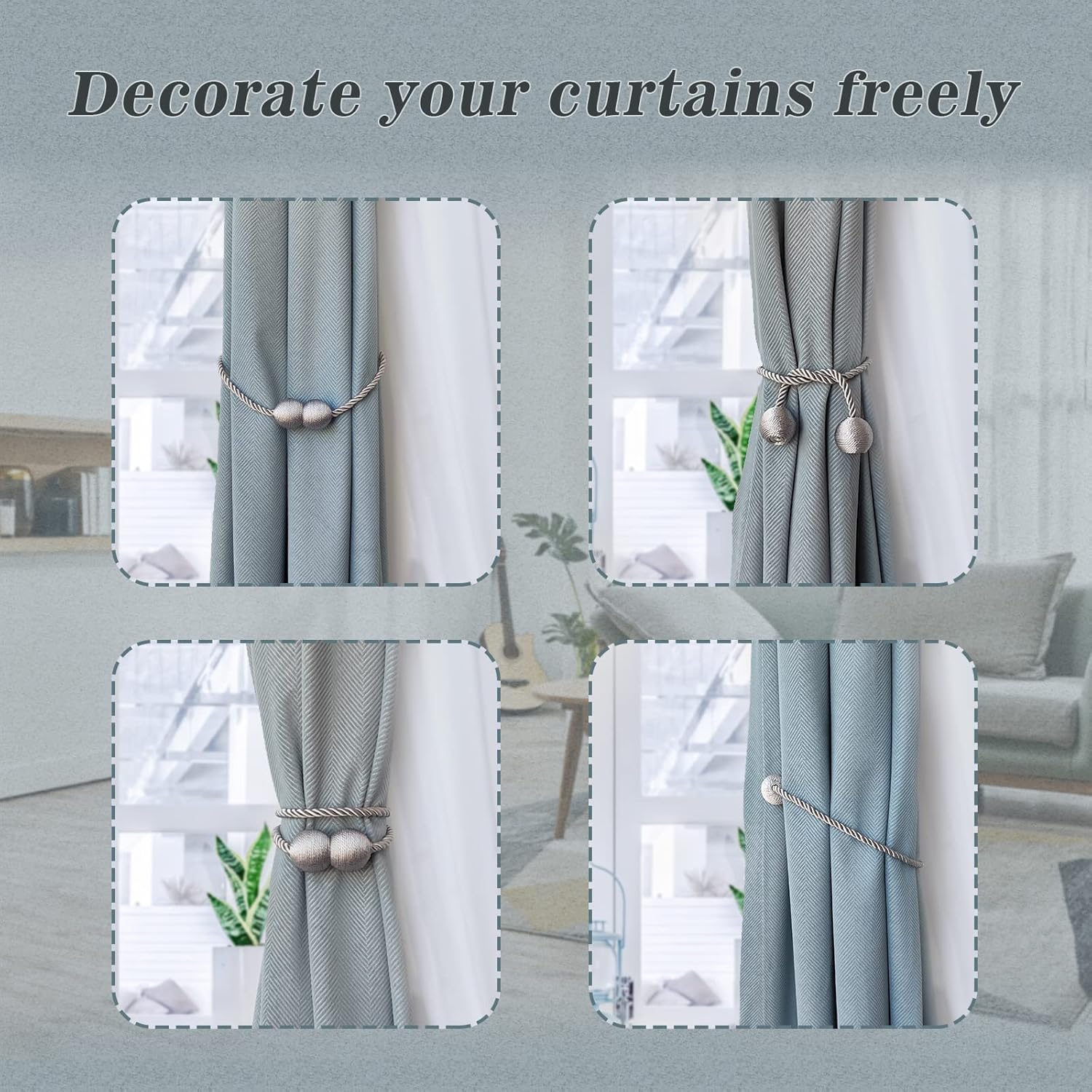 Hion Magnetic Curtain Tiebacks Grey 2pcs, Curtain Tiebacks Buckles Holdbacks Holders Hooks Clip for