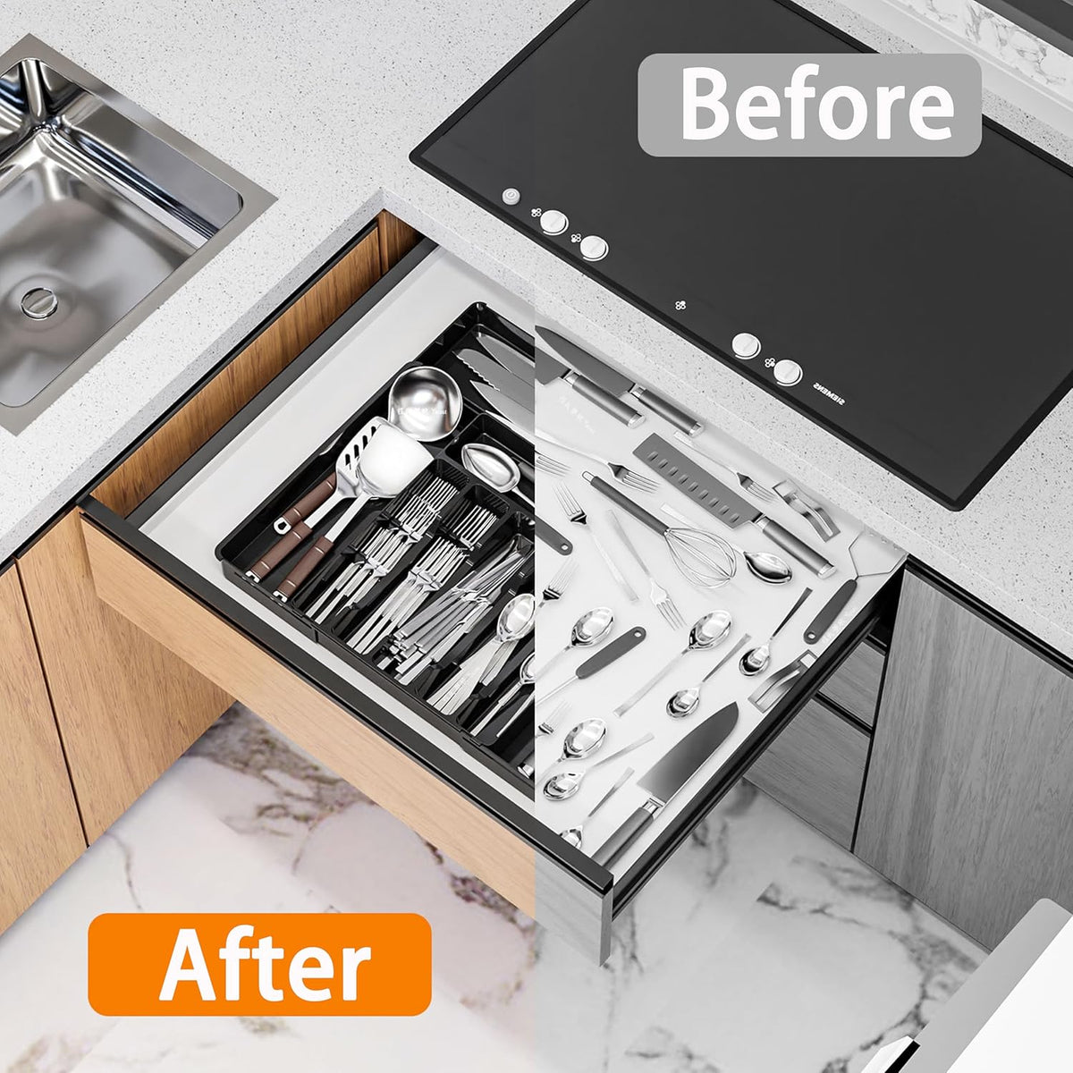 Silverware Drawer Organizer, Expandable Utensil Tray for Kitchen Drawers, BPA Free Flatware and