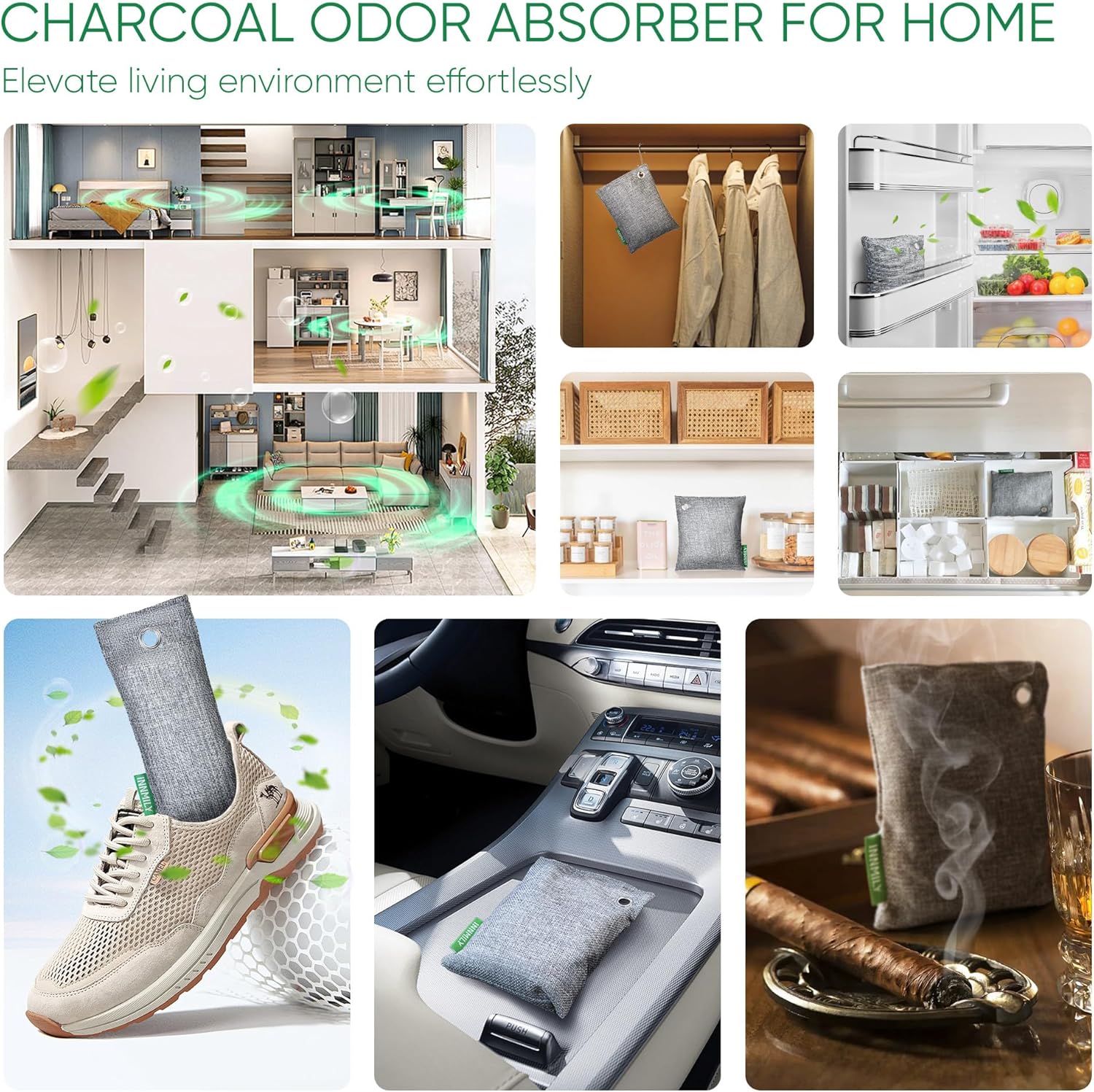 Activated Charcoal Odor Absorber,Large 12 Pack w Hooks Nature Odor Eliminator for Strong Odor