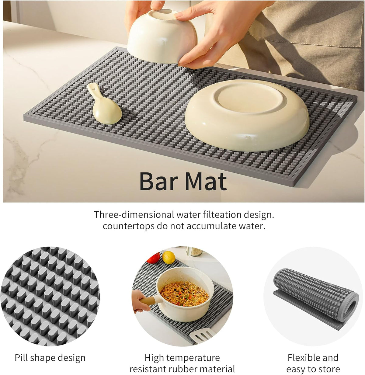 dish drying mat - 18" x 12" Grey silicone drying mat , kitchen counter dish drying mats,rubber dish