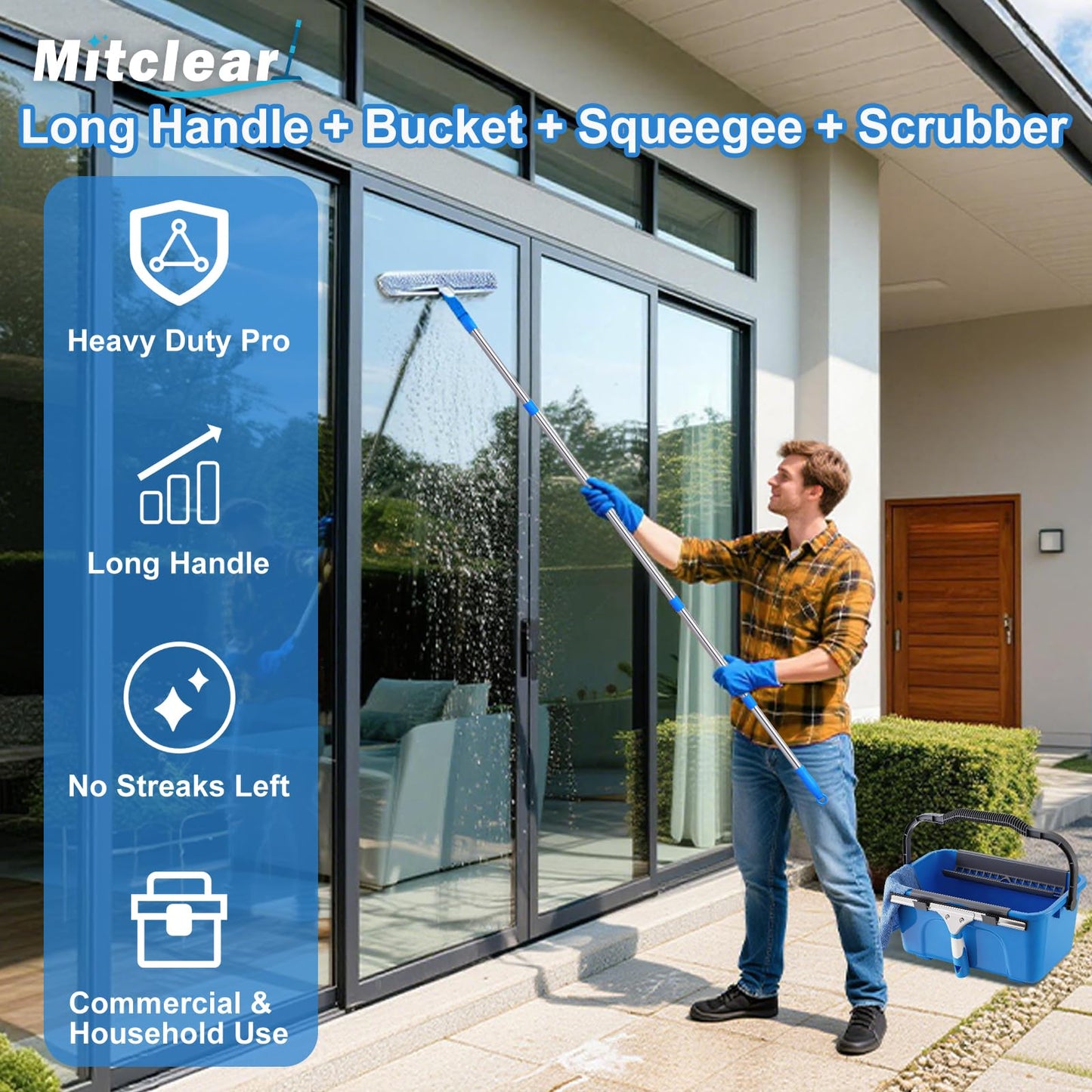 Mitclear Window Cleaning Kit 77'' Long Handle with Bucket for Home Outdoor