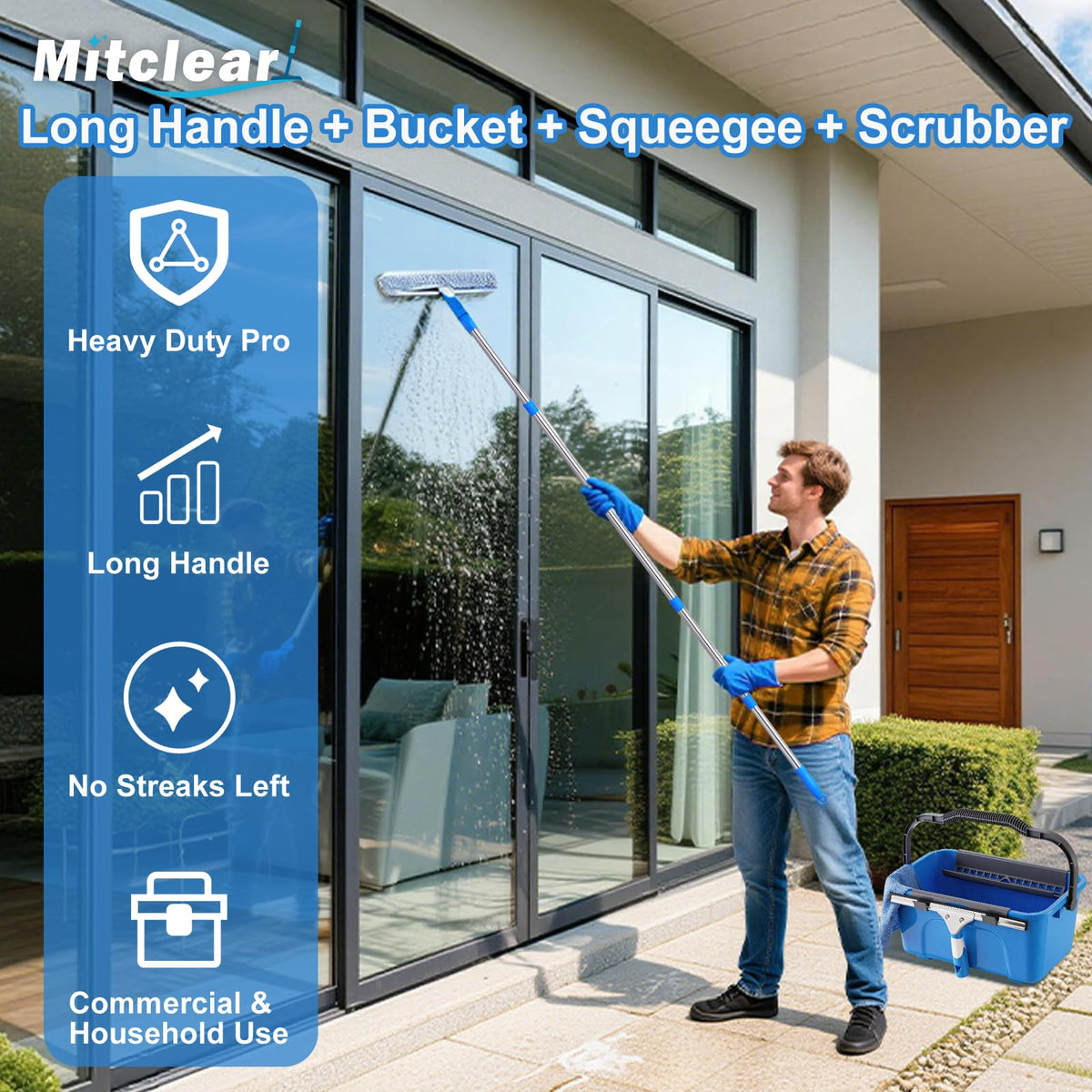 Mitclear Window Cleaning Kit 77'' Long Handle with Bucket for Home Outdoor