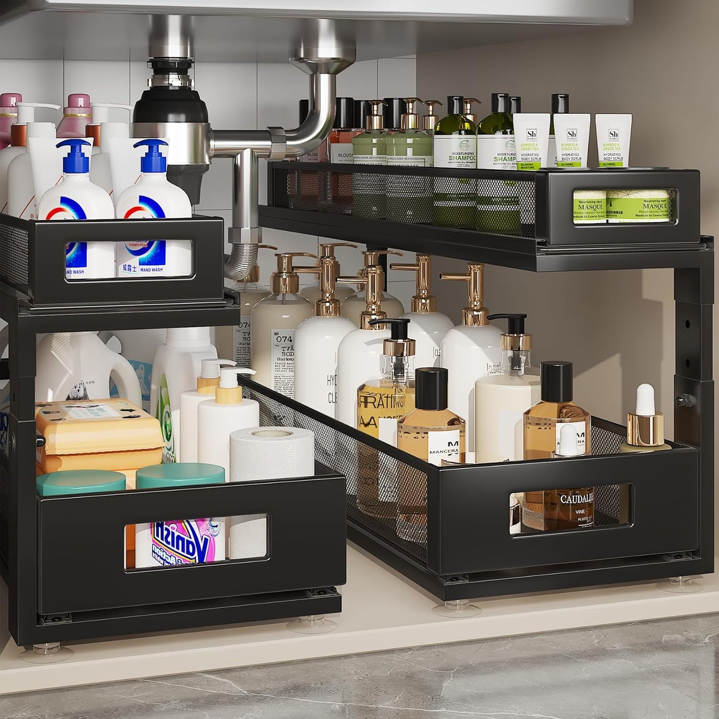 2 Pack 21.3IN-Depth Under Sink Organizer with Next-Gen Ball-Bearing Slides,2-Tier Pull Out Cabinet
