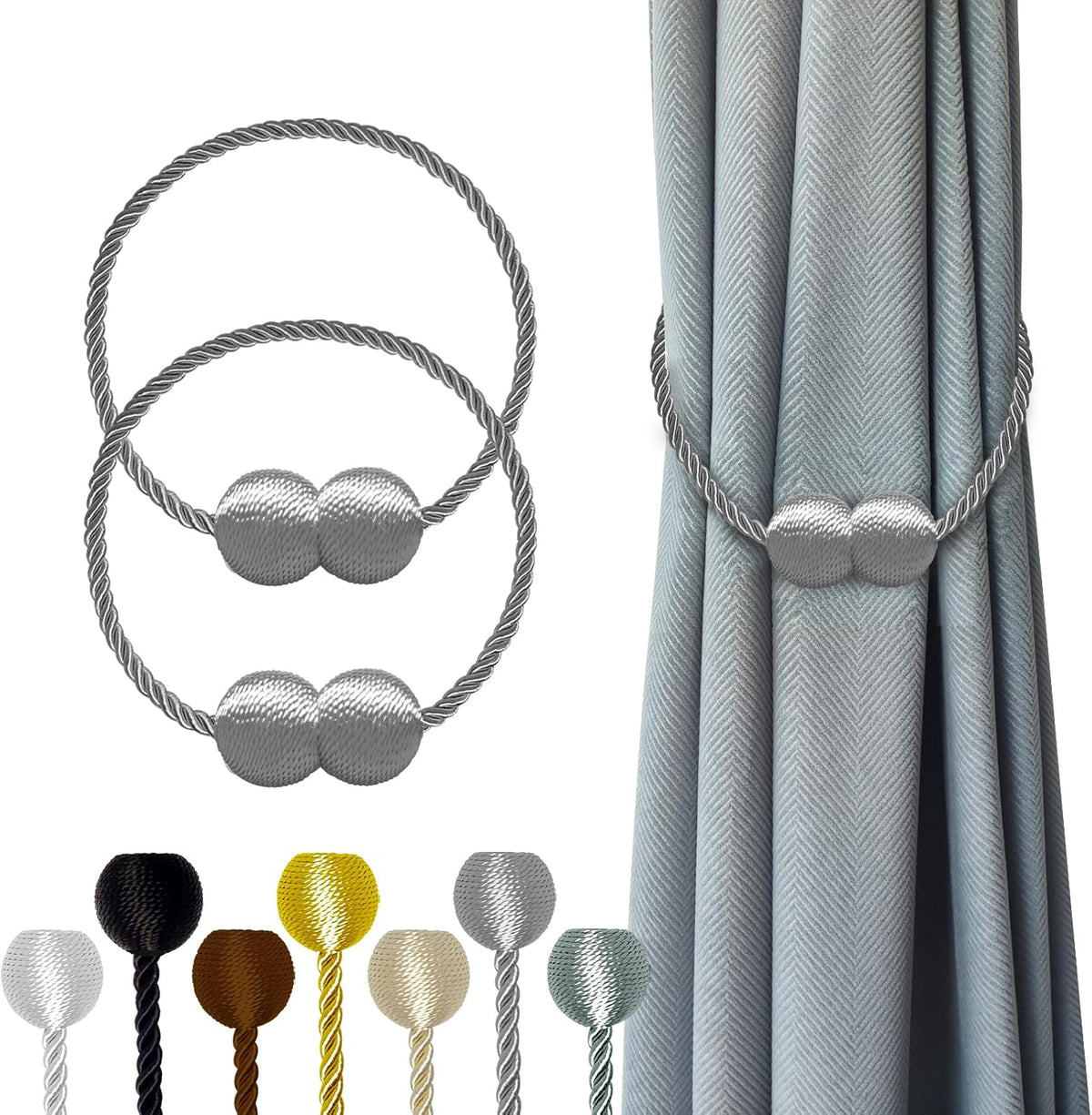 Hion Magnetic Curtain Tiebacks Grey 2pcs, Curtain Tiebacks Buckles Holdbacks Holders Hooks Clip for