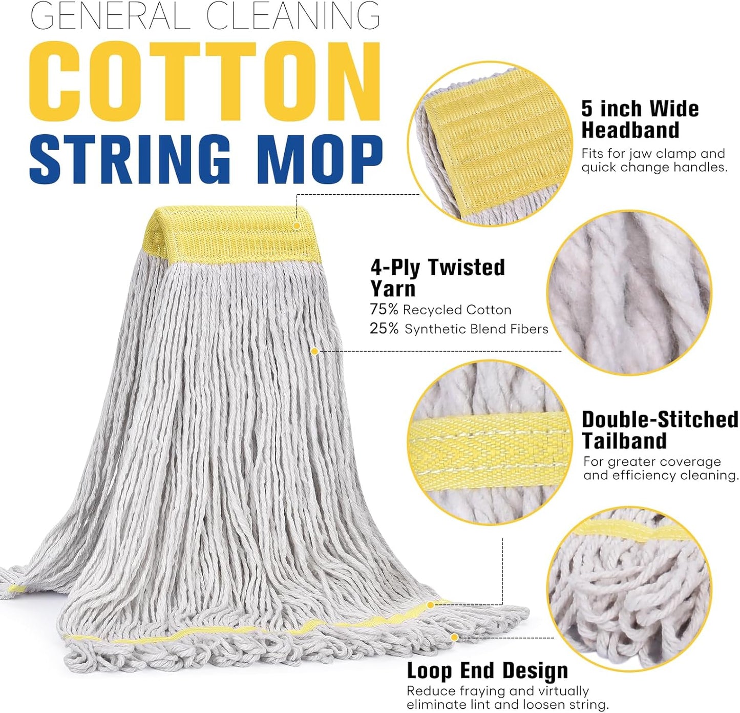 Matthew Cleaning Commercial Mop Head Replacement, 5 Inch Wide Headband, Looped End Cotton Blend