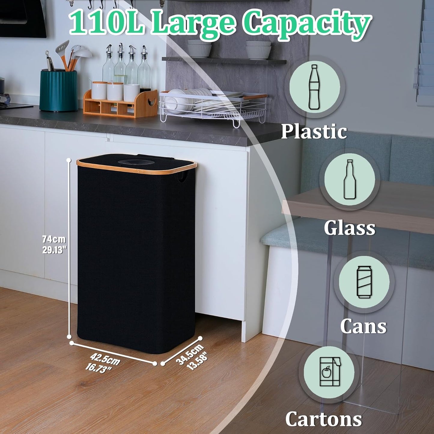 29 Gallons Recycling Bins for Kitchen, Indoor Recycle Bins with Lid, 110L Large Recycle bin with 2