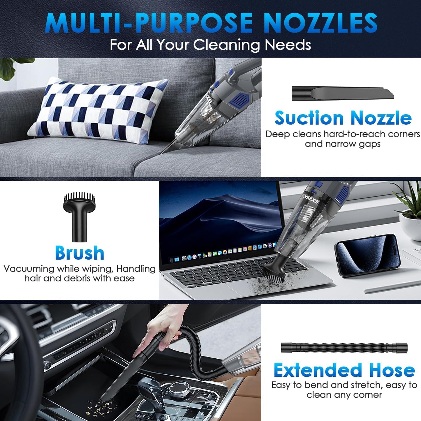 Handheld Vacuum Cordless, 15000PA Strong Suction Hand Held Car Vacuum Cleaner Rechargeable