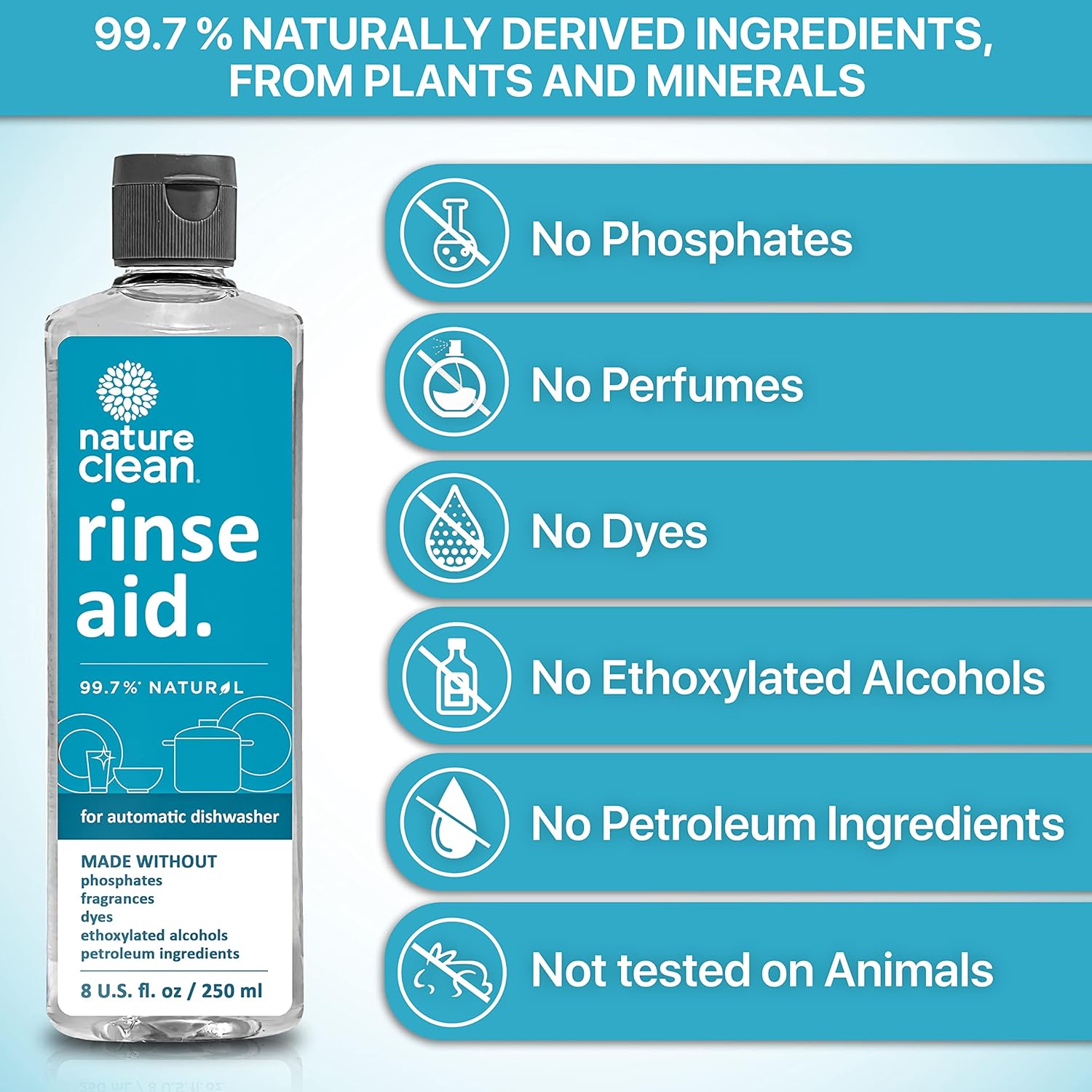 Nature Clean All Natural Dishwasher Rinse Aid Cleaner, Liquid Dishwasher Rinse Agent for Spot-Free