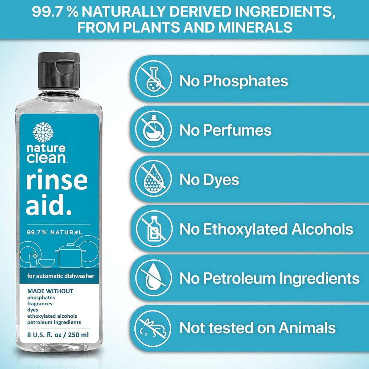 Nature Clean Natural Dishwasher Rinse Aid Liquid, Plant-Based Dishwasher Drying Agent with 99.7%