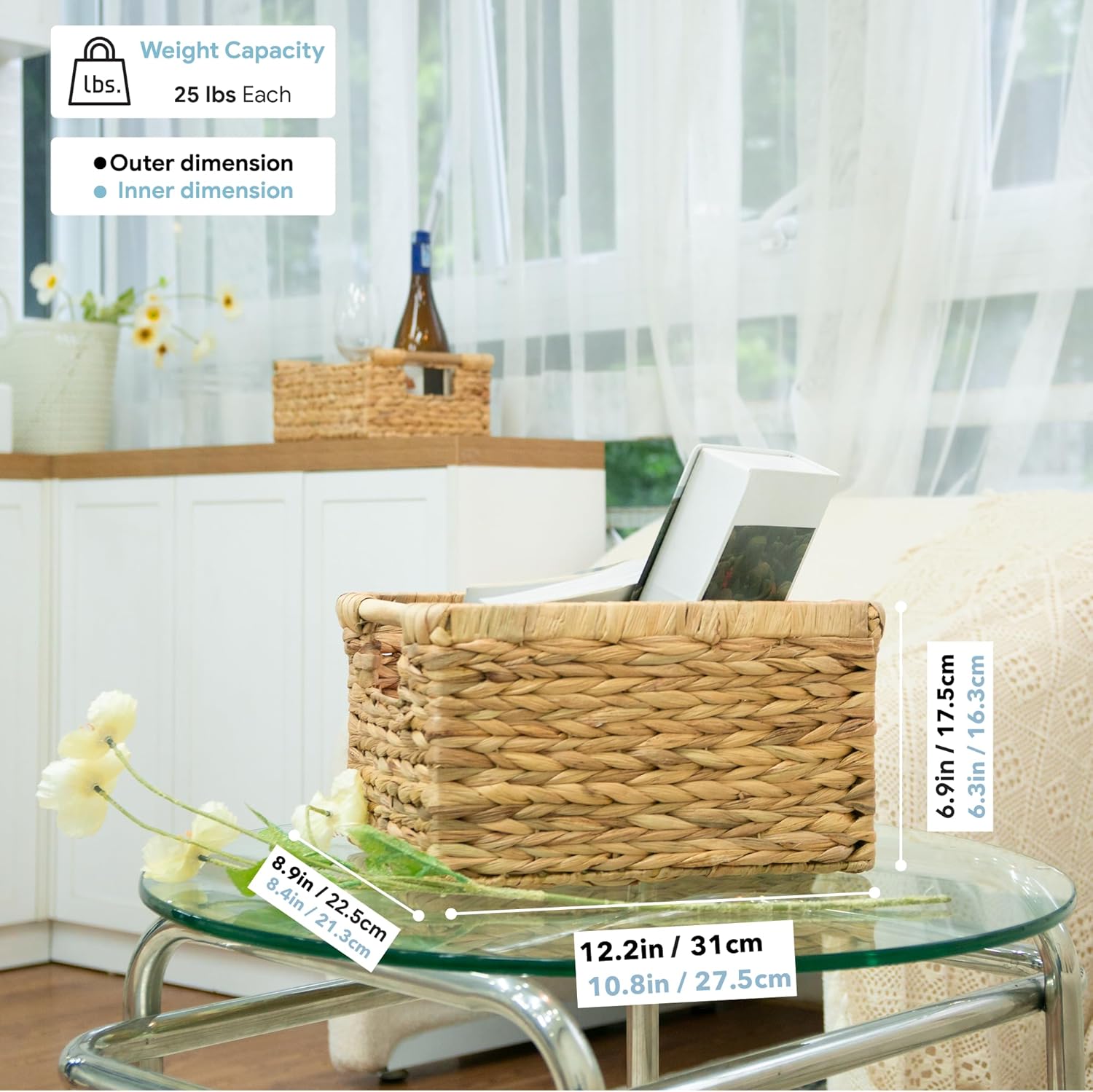 Natural Water Hyacinth storage basket with Handle, Rectangular Organizing Basket for Organizing